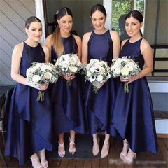 Jewel Neck Navy Blue Sleeveless Satin A-Line Floor-Length Bridesmaid Dress