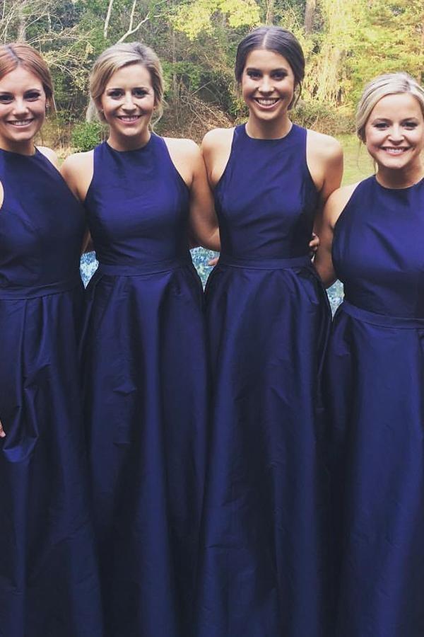 Jewel Neck Navy Blue Sleeveless Satin A-Line Floor-Length Bridesmaid Dress