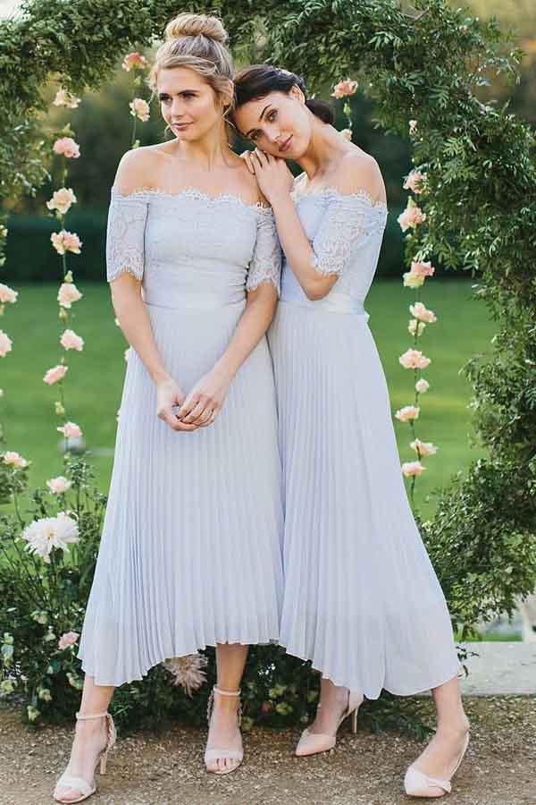 Light Blue A-Line Off-the-Shoulder Pleated Chiffon Bridesmaid Dress with Lace