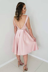 A-Line Pink Satin Backless Short Prom Dress Homecoming Dress