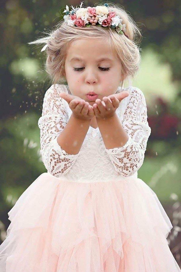 Pink A-Line Flower Girl Dress Scoop Neck Tea-Length 3/4 Sleeves with Lace Ruffles