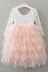 Pink A-Line Flower Girl Dress Scoop Neck Tea-Length 3/4 Sleeves with Lace Ruffles