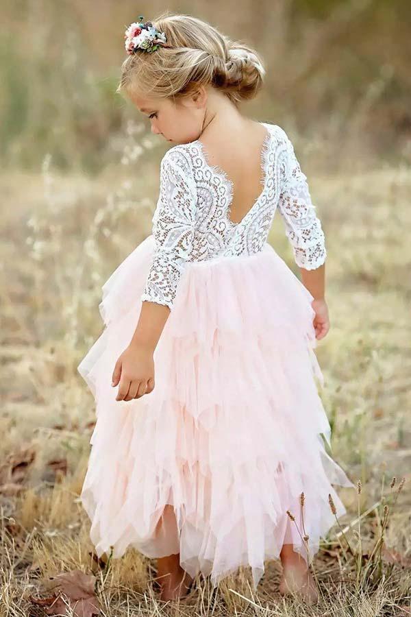 Pink A-Line Flower Girl Dress Scoop Neck Tea-Length 3/4 Sleeves with Lace Ruffles