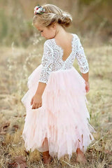 Pink A-Line Flower Girl Dress Scoop Neck Tea-Length 3/4 Sleeves with Lace Ruffles