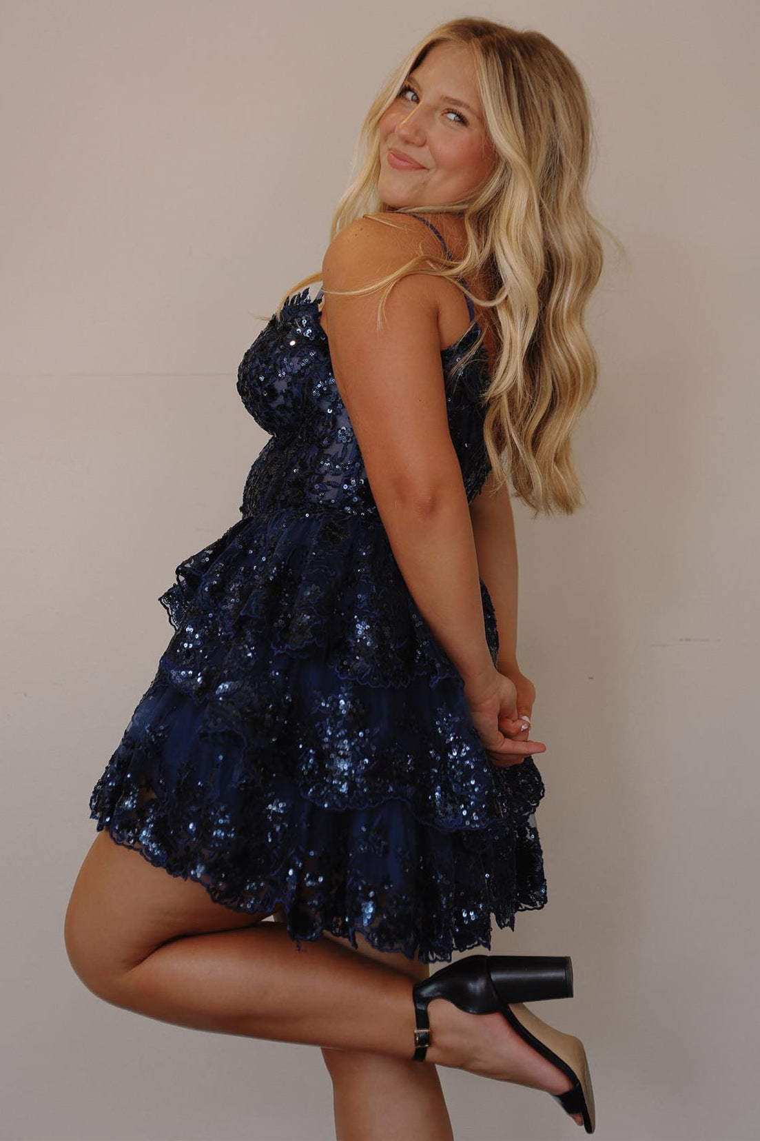 A- Line Baby Blue Sequins Multi-Layers Short Homecoming Dress