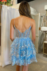 A- Line Baby Blue Sequins Multi-Layers Short Homecoming Dress