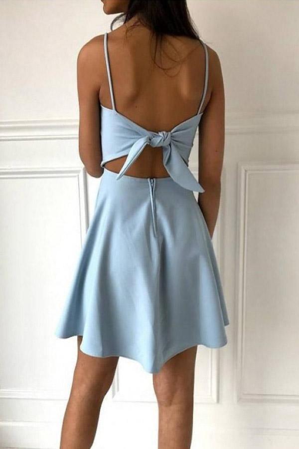 A-Line Spaghetti Straps Above-Knee Light Blue Satin Homecoming Dress