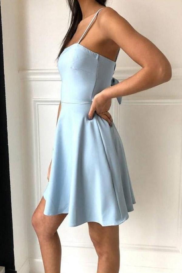 A-Line Spaghetti Straps Above-Knee Light Blue Satin Homecoming Dress