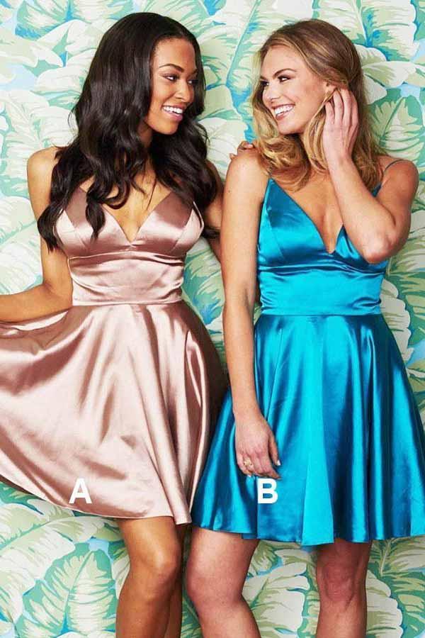 A-Line Spaghetti Straps Short Blush Satin Homecoming Dress