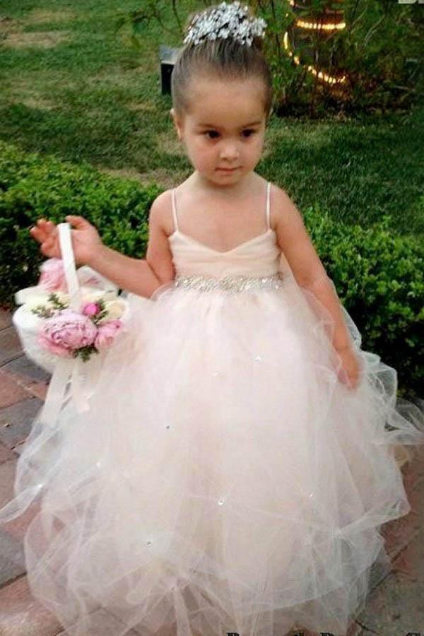 A-Line Flower Girl Dress Spaghetti Straps Sweep Train with Beading Bowknot