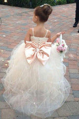 A-Line Flower Girl Dress Spaghetti Straps Sweep Train with Beading Bowknot