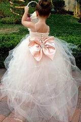 A-Line Flower Girl Dress Spaghetti Straps Sweep Train with Beading Bowknot