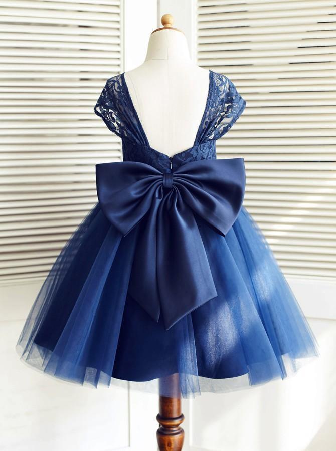 Navy Blue A-Line Flower Girl Dress Square Neck Knee-Length Tulle