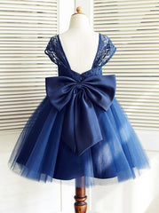 Navy Blue A-Line Flower Girl Dress Square Neck Knee-Length Tulle