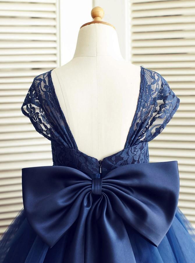 Navy Blue A-Line Flower Girl Dress Square Neck Knee-Length Tulle