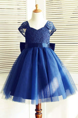 Navy Blue A-Line Flower Girl Dress Square Neck Knee-Length Tulle