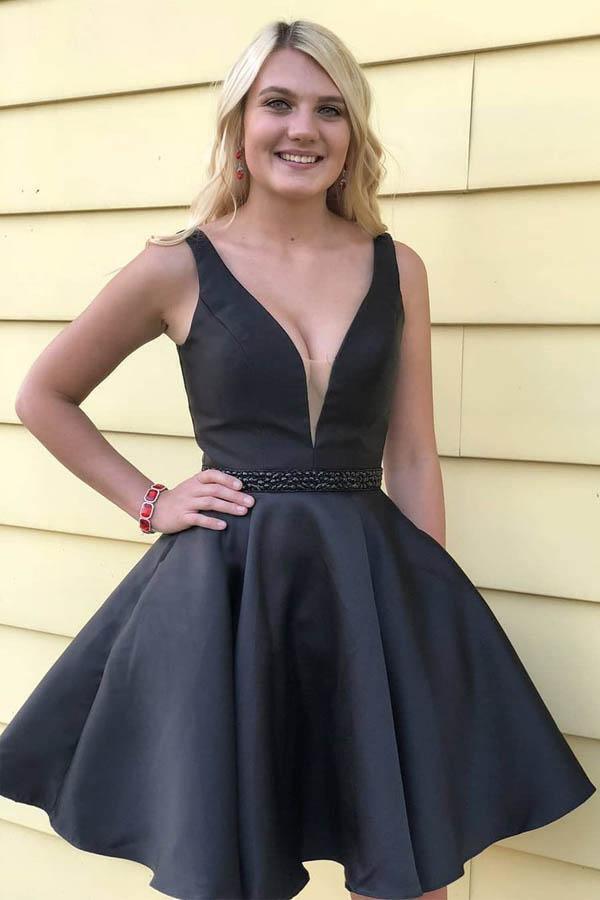 A-Line V-Neck Black Simple Homecoming Dress with Pocket