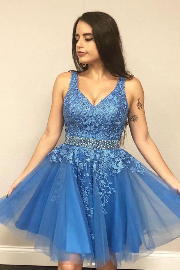 A-Line V-Neck Blue Short Prom Dress Homecoming Dress with Appliques