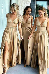 Elastic Satin A-Line V-Neck Bridesmaid Dress with Split