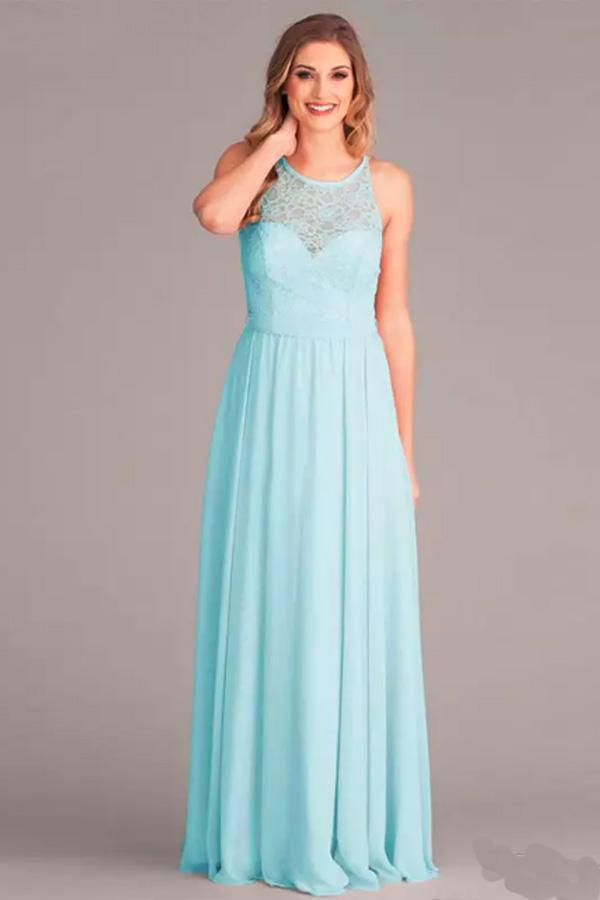 Mint Chiffon A-Line V-Neck Floor-Length Bridesmaid Dress with Lace