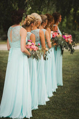 Mint Chiffon A-Line V-Neck Floor-Length Bridesmaid Dress with Lace