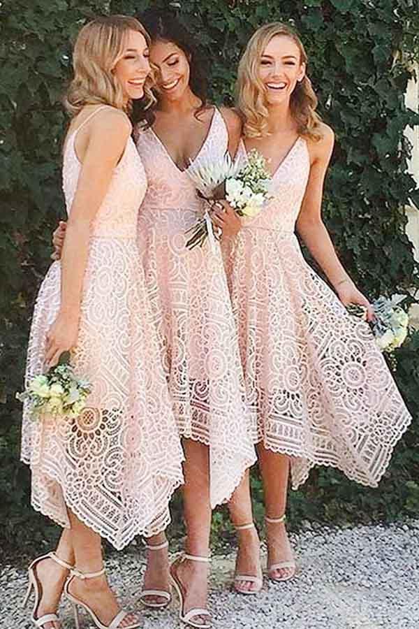 Pearl Pink Lace A-Line V-Neck Bridesmaid/Prom/Homecoming Dress