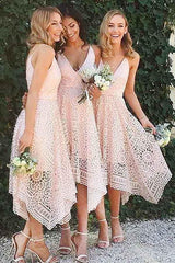 Pearl Pink Lace A-Line V-Neck Bridesmaid/Prom/Homecoming Dress