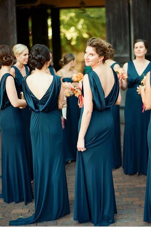 Navy Blue A-Line V-Neck Sweep Train Backless Bridesmaid Dress