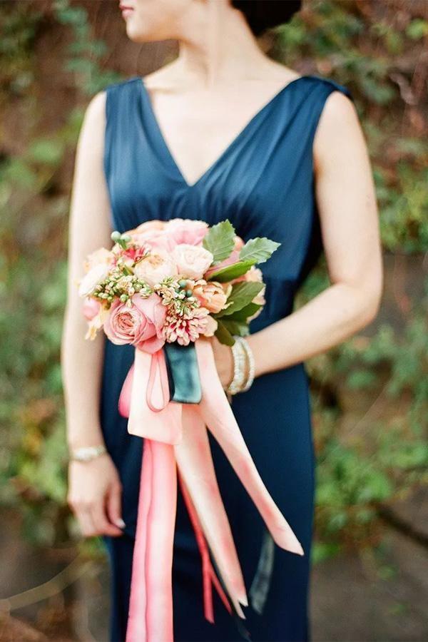 Navy Blue A-Line V-Neck Sweep Train Backless Bridesmaid Dress