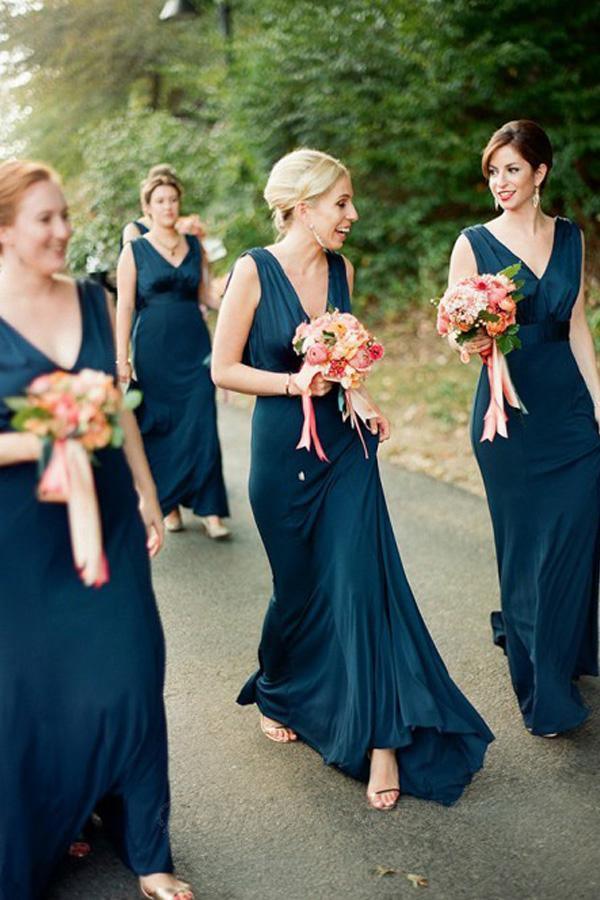 Navy Blue A-Line V-Neck Sweep Train Backless Bridesmaid Dress