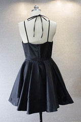 A-Line V-Neck Satin Short Black Prom Dress Homecoming Dress