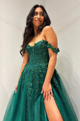 Glitter Emerald Appliqued Off-the-Shoulder A-Line Long Prom Dress