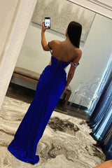 Royal Blue Off the Shoulder Beaded Long Prom Dresses with Appliqued