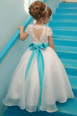 Ball Gown Flower Girl Dress Crew Neck Cap Sleeveless Open Back with Belt Lace