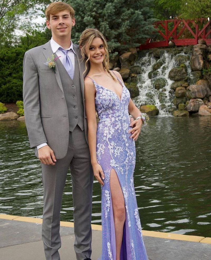 Glitter Blue Mermaid Sheath Lace Long Prom Dress with Slit