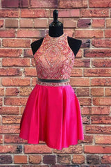 Hot Pink Beaded Two Piece Short Prom Dress Homecoming Dress