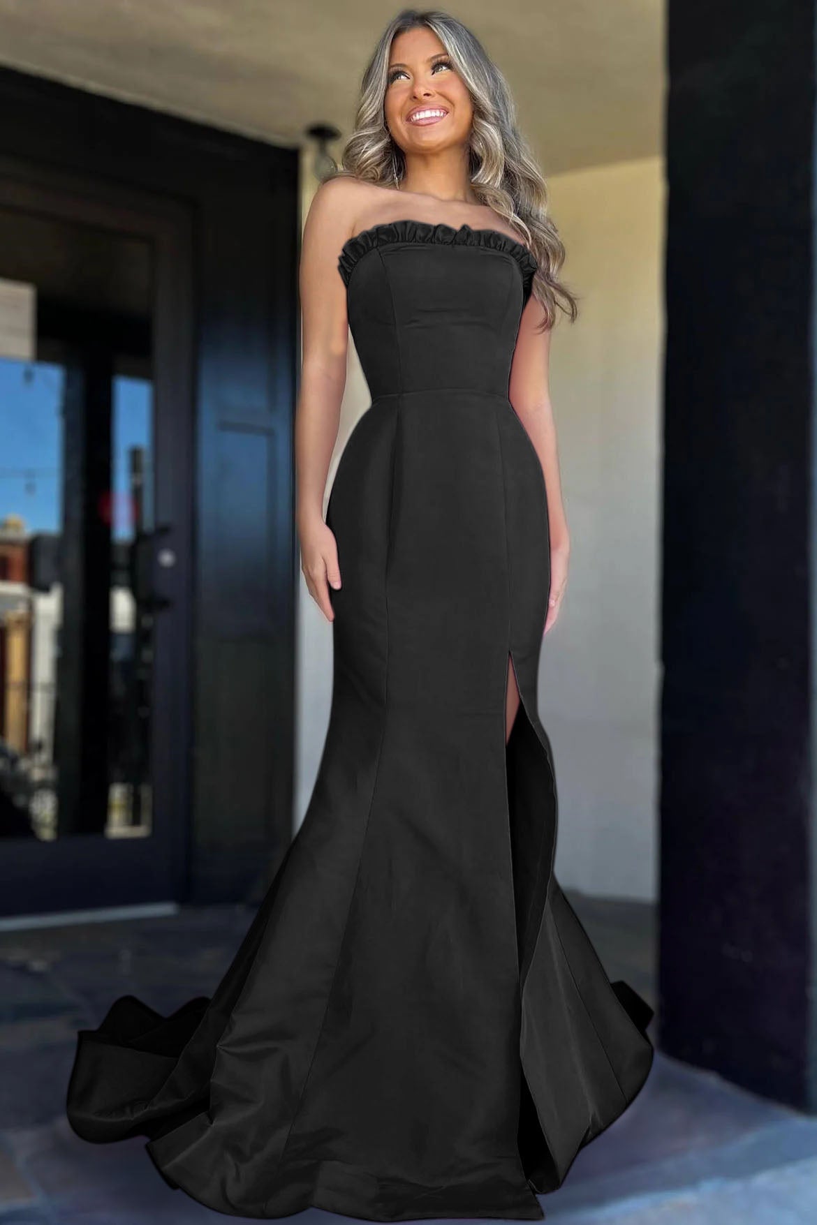 Strapless Maganta Ruffle Mermaid Sheath Slit Long Prom Dress