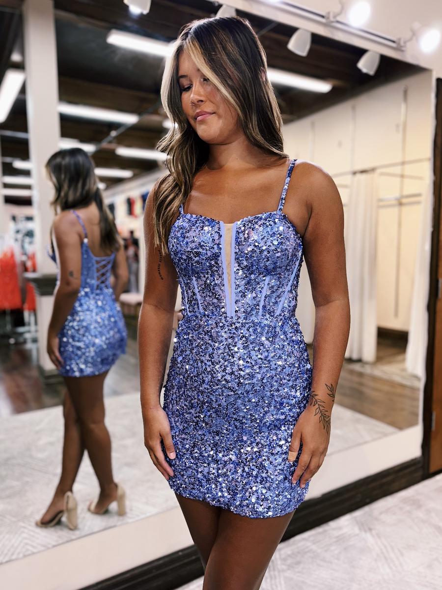 Blue Sequin Scoop Neck Lace-Up Short Tight Homecoming Dress