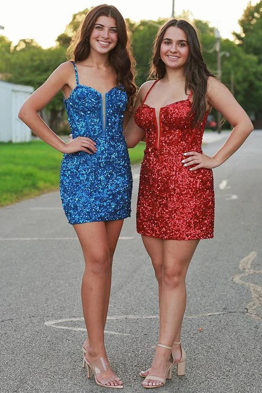 Blue Sequin Scoop Neck Lace-Up Short Tight Homecoming Dress