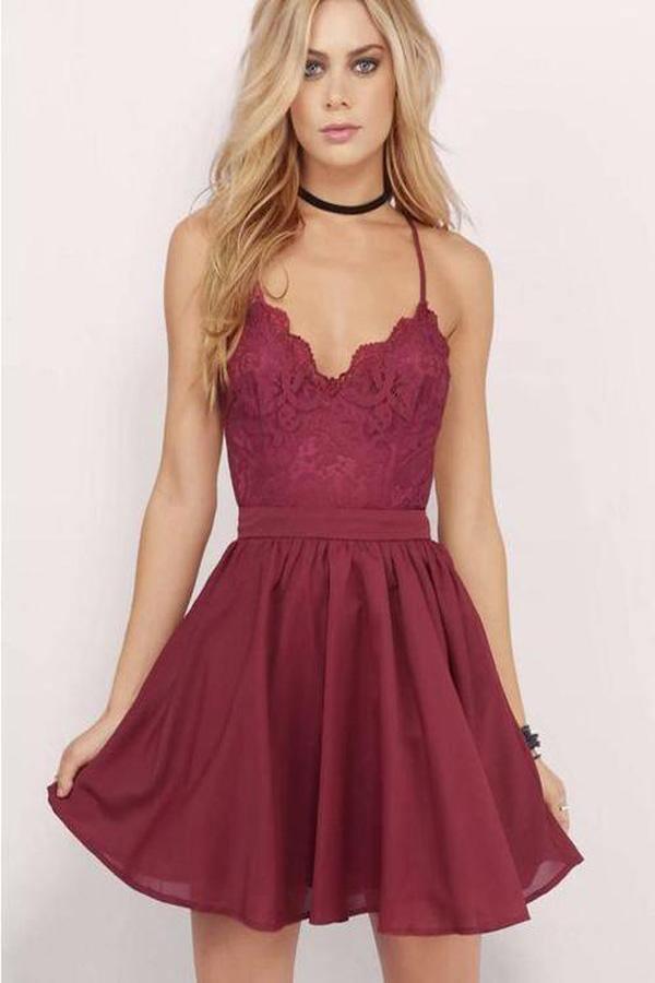 Burgundy Spaghetti Straps A-line Lace Short Prom Dress Homecoming Dress