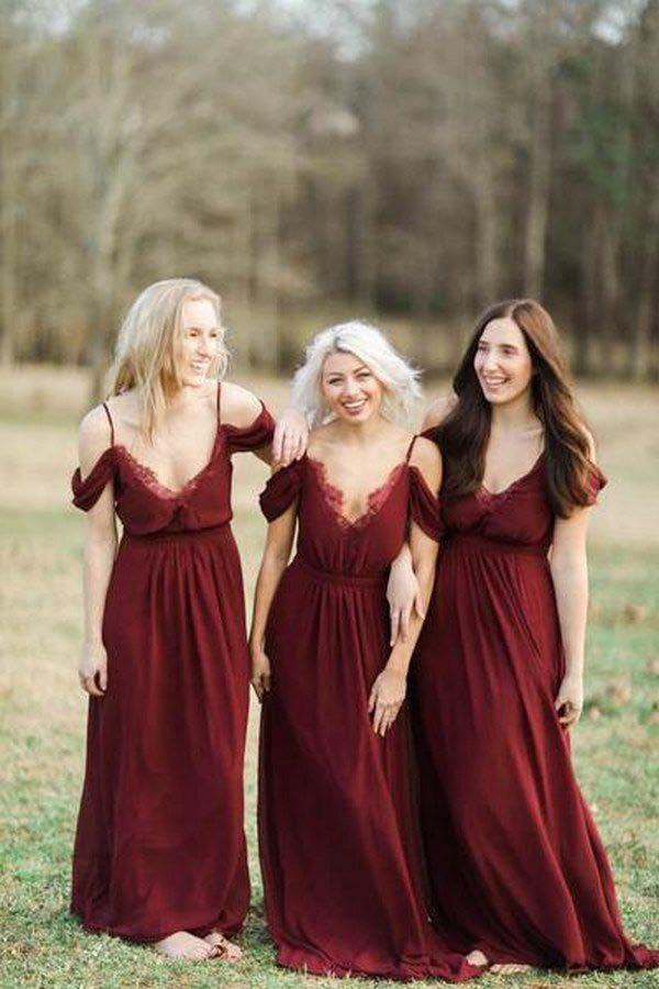 Burgundy Long Chiffon Bridesmaid Dress, Wedding Party Dress