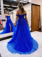 A Line Off the Shoulder Lace Tulle Prom Dress With Slit