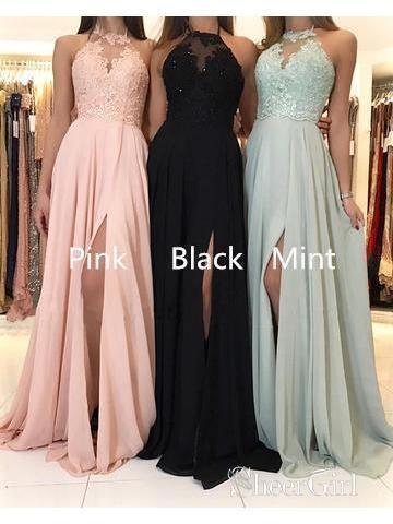 Long Chiffon Bridesmaid Dresses with Lace Top, Formal Dress with Slit