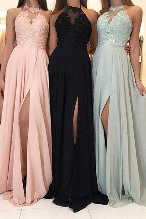 Long Chiffon Bridesmaid Dresses with Lace Top, Formal Dress with Slit