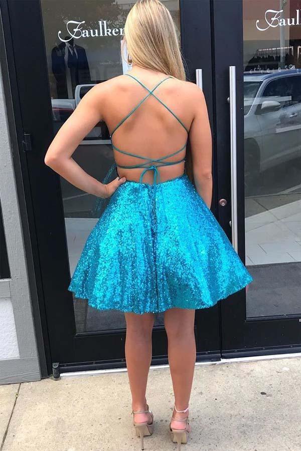 Blue Sequins A-Line Short Prom Dress Criss Cross Homecoming Dress