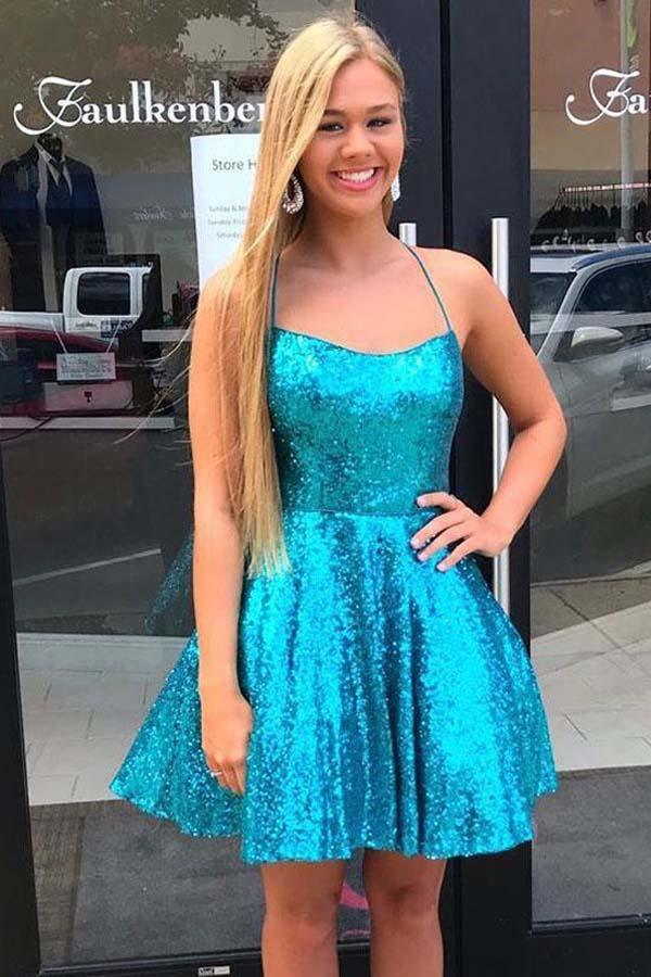 Blue Sequins A-Line Short Prom Dress Criss Cross Homecoming Dress