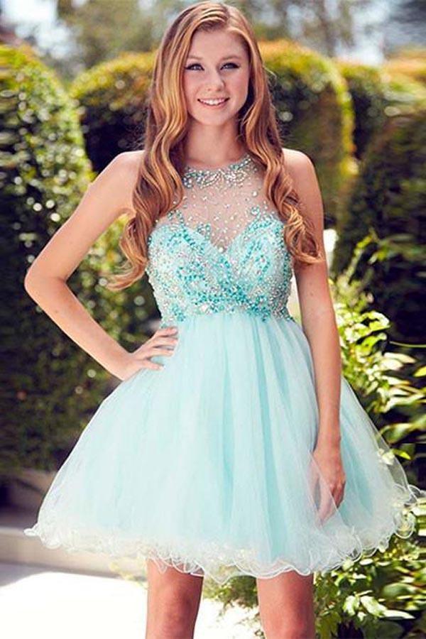 Cute Round Neck Tulle Beaded Sequined Short Prom Dress Homecoming Dress