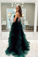 Dark Green Sweetheart Ruffle Ruched Tulle Long Prom Dresses with Slit