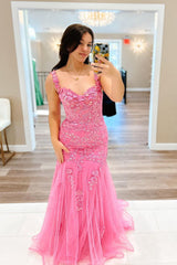 Cute Pink Mermaid Sheath Off the Shoulder Tulle Long Prom Dress with Appliqued