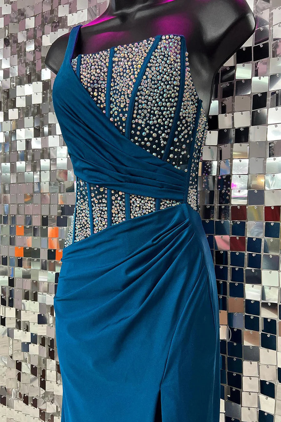 Blue Mermaid Sheath One Shoulder Long Prom Dresses with Beaded